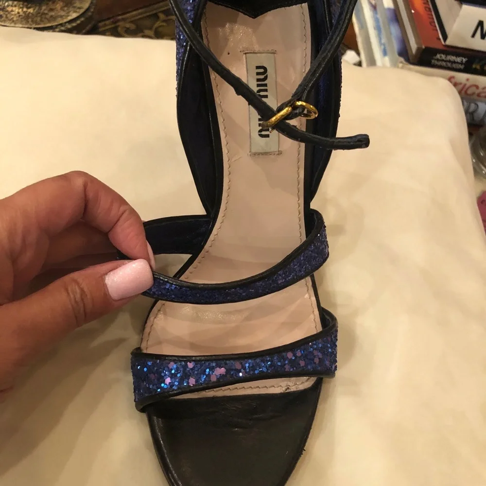 Virtually new Miu Miu strappy sandals in glittered blue